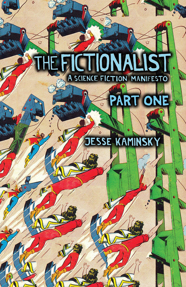 The Fictionalist is a science fiction manifesto in comic book form.
I wrote the original text and set it to rearranged panels from European and South American, public domain, mostly pre-war superhero comic books.
This is volume One: 52 pages, b/w, color cover, 2015. $10