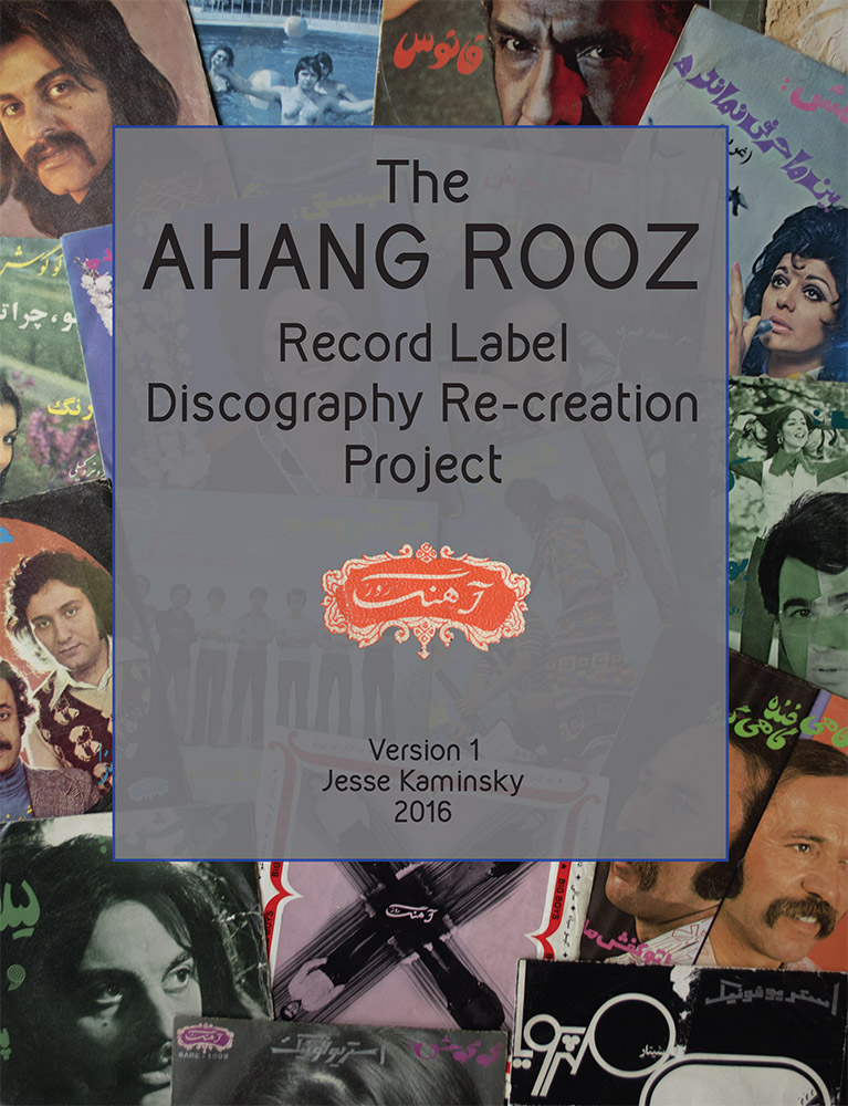 Ahang Rooz Discography Re-Creation Project This is version One:
94 pages, magazine-sized, full color with color cover, 2016. $20<br><br>
I’m not a librarian. I’ve never been to Iran. I don’t have any Iranian heritage and can’t speak or read Farsi. Yet in 2006, I happened to find a record by the singer Aghassi in a local thrift store that opened the door to an amazing world and a whole lot of work. At the time I was regularly buying any inexpensive records I could find that I didn’t already recognize. I had just started producing a weekly radio show that focused on non-American music made for domestic markets around the world and I constantly needed more songs to fill up the 2 hour show every week. Record-buying was an act of discovery and I pushed my very limited budget to fill in shelf after shelf of highly suspect dollar bin items. The rate of failure was pretty spectacular; the world seems to be full of mediocre music floating from one dusty linoleum floor to another. Yet the occasional revolutionary discovery was enough to justify my continued risk taking and after a while I had picked up a scattered and unfocused collection of odd foreign records, from Yugoslavian new wave pop to Japanese-Cuban ballads to Mexican metal. I rejoiced in the discarded leftovers of immigrated collections, unnecessary reminders of the homeland, former objects of teenage adoration.<br> <br>
One thing about discovering records is that they’ve all already been discovered before. The fact that they were manufactured in the first place means that any new finds are always just new to you, at least one person and usually an entire culture of people has already grown tired of them long before you came along. Still, this record felt like a tiny hole in the cultural firewall that existed in those days between mainstream America and Iran. I knew almost nothing about Iranian culture and certainly nothing about what life was like before the 1979 revolution. There is not a large Iranian community in Boston and so it was extremely rare to find any Iranian records in stores. So, when I found this record I really didn’t understand it. I was already accustomed to listening to music whose lyrics were inaccessible to me but I could frequently contextualize them in a cultural landscape of some sort, but not in this case. I assumed it was Arabic. Or from the future. The effect of the blocky type face and Farsi lettering, mixed with Aghassi’s collarless white shirt caused this record to sit completely outside my understanding of space-time. It was a puzzle. <br><br>
Once I talked a confused student into translating the record for me, “This is like grand-parents’ music,” I only became more interested. I found such a small amount of information online but began by chance to discover that there were in fact more records like this for sale in various places. They were relatively cheap and I had just gotten a credit card so I took a chance on a few. The first few records that were delivered to me only fanned the flames, they were each so incredibly different from each other and each so unlike anything I had heard before. I became obsessed, buying up every Iranian record I could find. They felt like treasures and, as I amassed a pretty large collection, began to feel less and less like they should be mine. Each scratch and scuff in each record was a testament to the insane journey it took just to get to me. They were mine but weren’t meant for me, I felt like I had skimmed an entire culture of music just by pure chance. Gradually, other people in the west began to discover there was money to be made and I began to see fancy reissues of this music; thick records, custom made for the western shelf-collector. I even made one myself. But as more and more Iranian comps piled up and I neared the end of my credit limit I was gradually priced out of the market. Still, though I could no longer sustain my quest to buy all the records that I ever saw, I wanted to continue this collection and give back to the world that made it. So this project evolved naturally from those circumstances, I gradually stopped collecting actual records and began collecting information. I scanned all my records and scoured the internet for any and all visual information I could use. If you sold one of these records online in the past 5 years, there’s a good chance I captured your photos. To the best of my knowledge there is no existing database of these records. This is obviously incomplete, it is a work in progress and I would love to have your help and input. If you have corrections, cover scans or translations to contribute please get in touch. jskaminsky@gmail.com <br><br>
I owe a tremendous amount to so many people who have helped me on this project and others, including Ramin Sh, Mohsen NZ, Nilufar Mo, Dario Margeli, Angela Sawyer and numerous others.