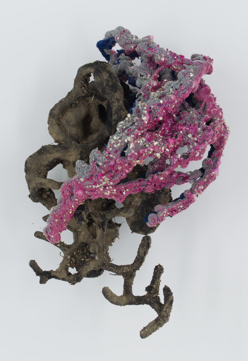 Gneiss, 2022: stoneware, silicone, glass, acrylic resin, stainless steel wire, pva, acrylic, acrylic paint, dirt and rocks from the big river management area, RI, 17 inches x 9 inches x 5 inches