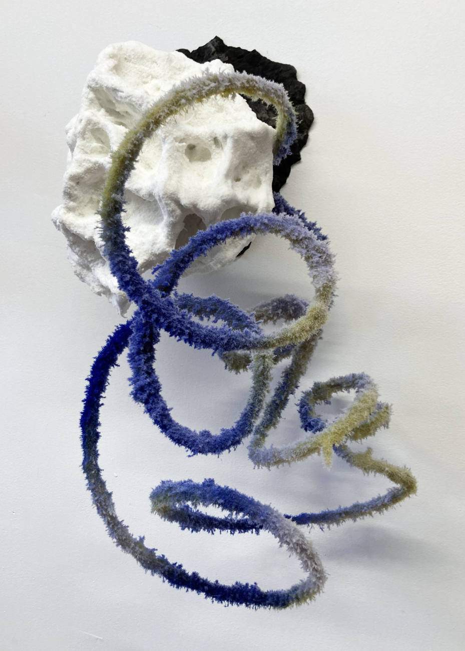 Frosted, 2023: wood, silicone, steel wire, nylon fiber, concrete, flocking, paint, paper, glue, 16 inches x 30 inches x 9 inches
