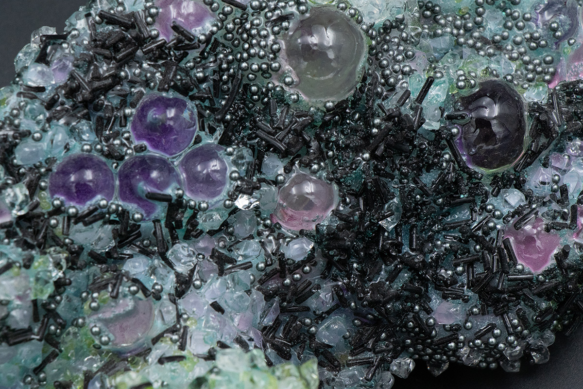 Shard No. 2 from the Watery Eye Gate Talisman, detail, 2025: silicone, foam, watercolor, epoxy, polyurethane, wood, acrylic, glass, 14 inches x 7 inches x 5 inches