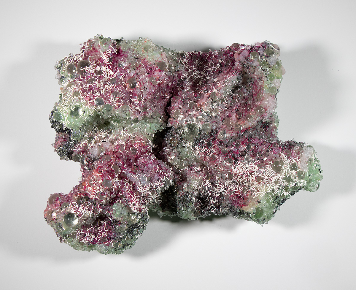 Shard No. 5 from the Watery Eye Gate Talisman, 2025: Silicone, Glass, Acrylic, Polyurethane, Epoxy resin, aluminum foil, wood, 19 inches x 15 inches x 7 inches