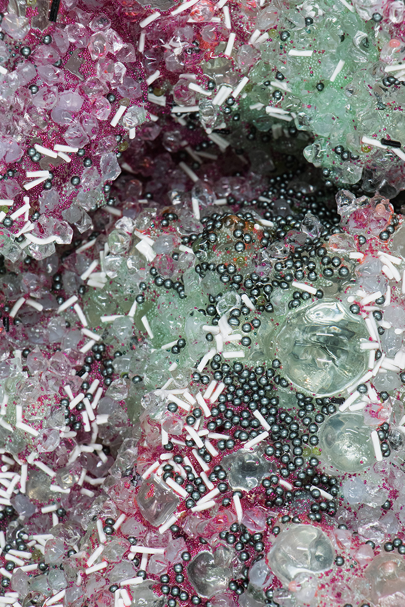 Shard No. 5 from the Watery Eye Gate Talisman, detail, 2025: Silicone, Glass, Acrylic, Polyurethane, Epoxy resin, aluminum foil, wood, 19 inches x 15 inches x 7 inches